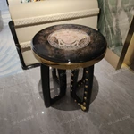 Round Luxury Side Table with Natural Wood Veneer Top, Decorative Inlay Medallion, Gold-Finish Stainless Steel Trim and Sculptural Studded Base